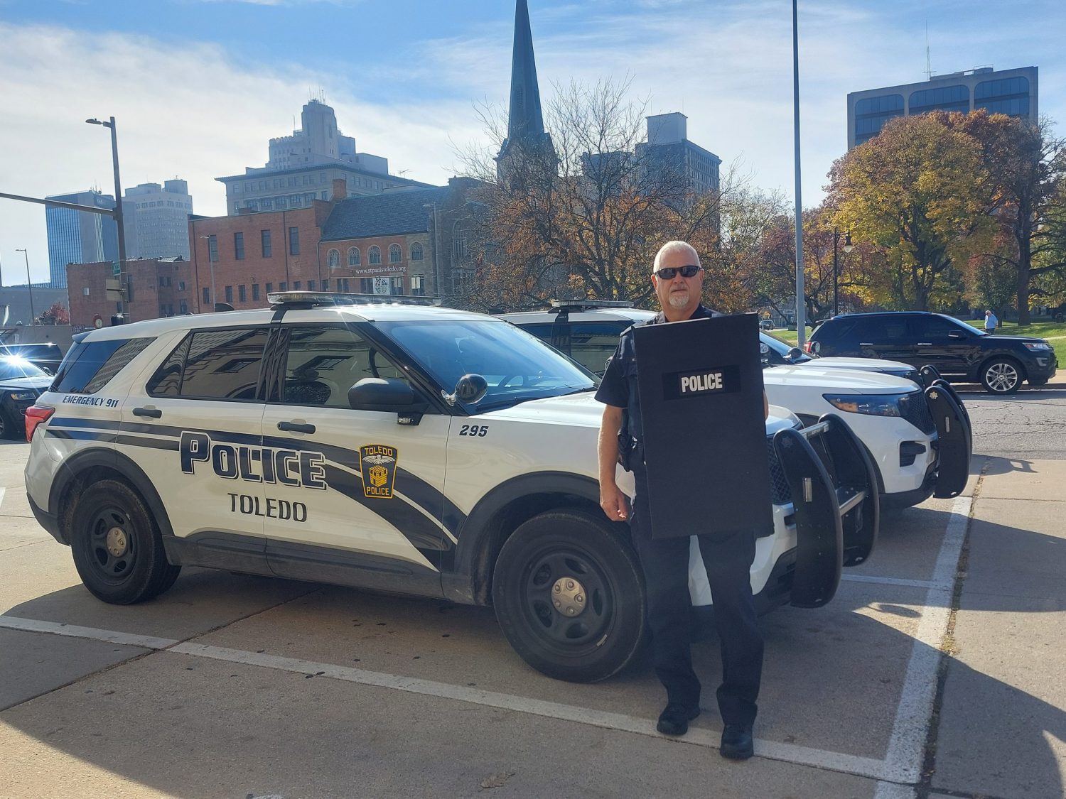 Officer displaying donated Ballistic Shield